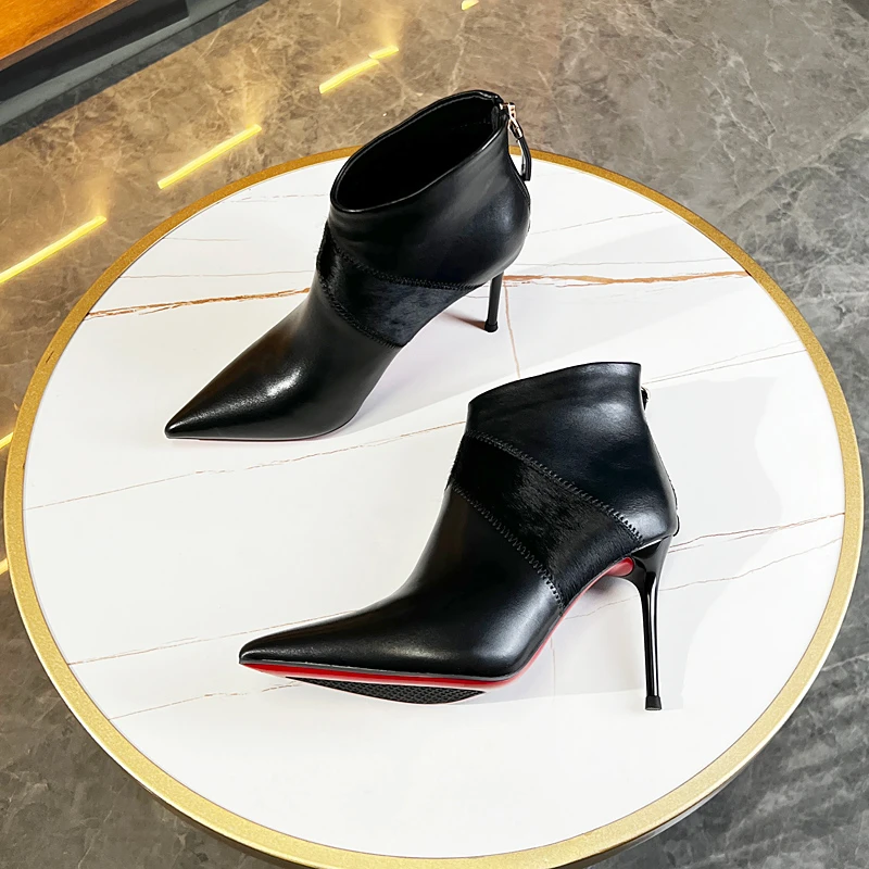 洋气小短靴女细跟2023年秋冬新款加绒韩系气质女神尖头高跟瘦瘦靴