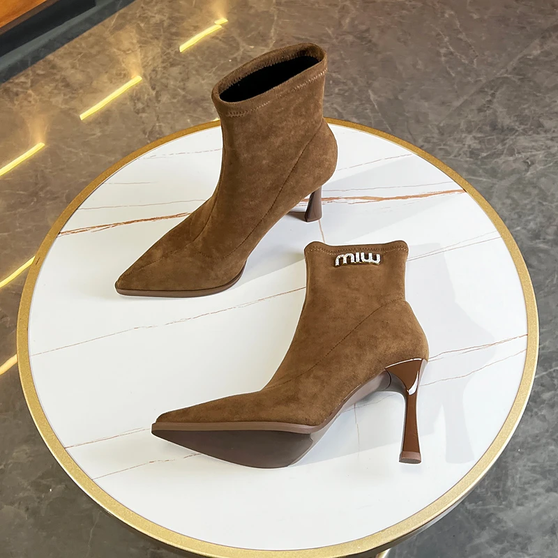 短靴女春秋单靴2023新款绒面弹力套筒百搭法式细跟尖头高跟瘦瘦靴