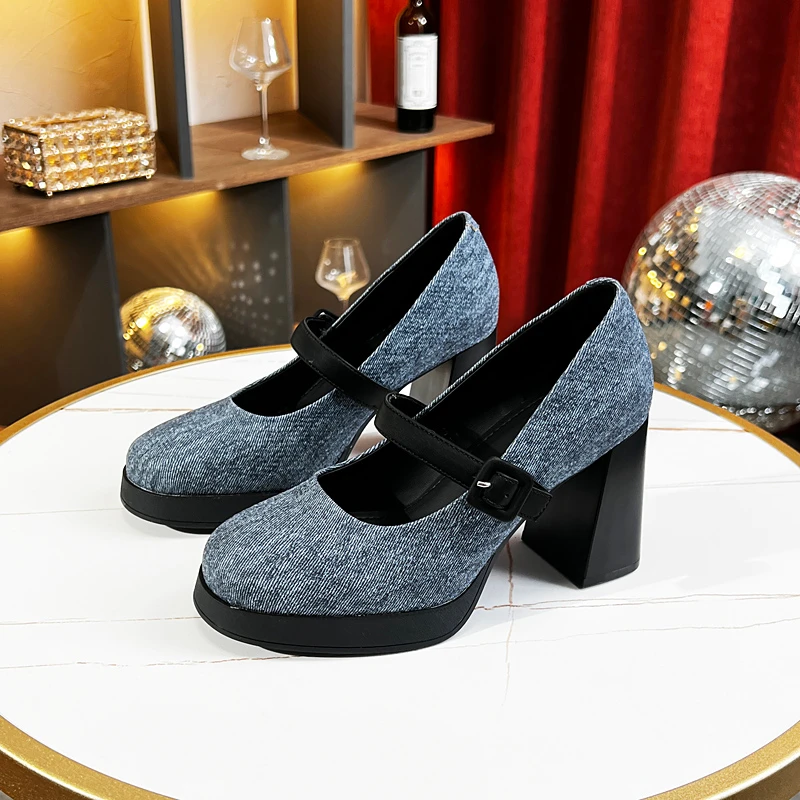 一字扣带防水台复古圆头高跟鞋女粗跟春秋季玛丽珍单鞋2023年新款