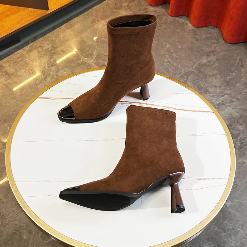短靴女2023春秋新款单靴绒面防踢气质小跟瘦瘦靴尖头细跟高跟鞋