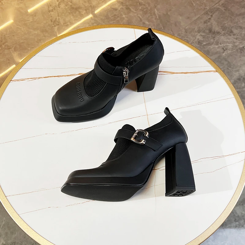 厚底裸踝短靴女粗跟2024年春新款皮带扣单鞋复古方头小个子高跟鞋
