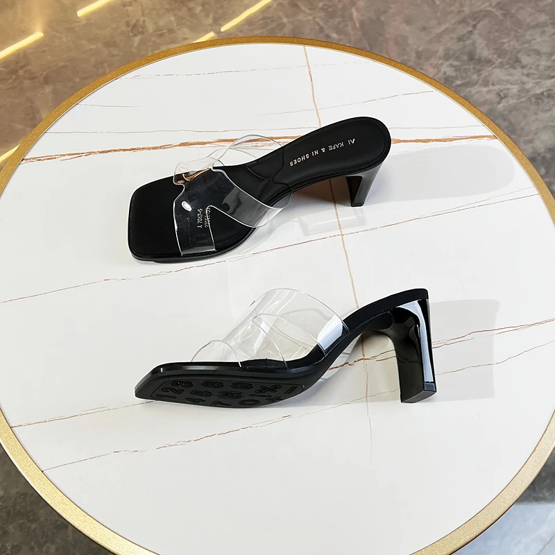 透明片浅口粗跟外穿一字拖鞋女2024夏新款半拖凉鞋韩系方头高跟鞋