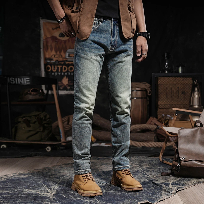 春季新款时尚百搭男牛仔裤子男士合体直筒户外复古做旧款水洗潮流
