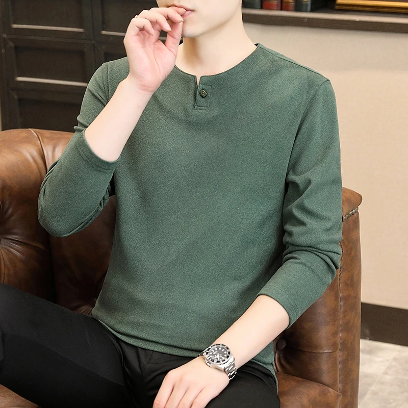 高档一粒扣德绒卫衣男士秋季复古时尚休闲长袖T恤打底衫品质男装