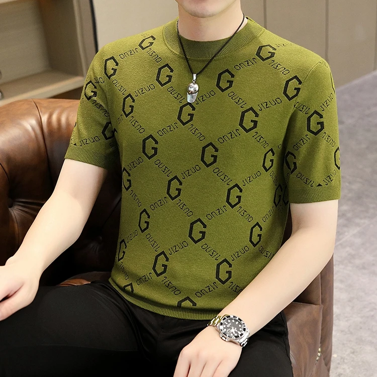 高档欧货短袖毛衣男秋冬季加厚保暖洋气针织毛线衣男装品质打底衫