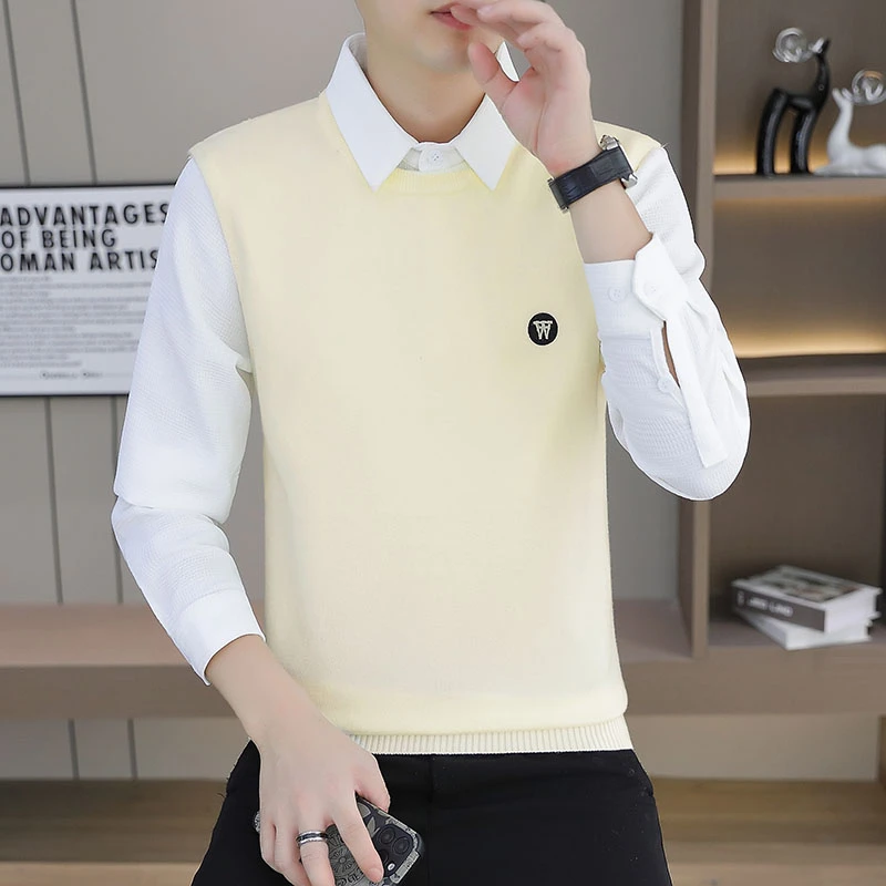 高档假两件衬衫领毛衣男士秋冬款时尚休闲长袖打底针织衫品质男装