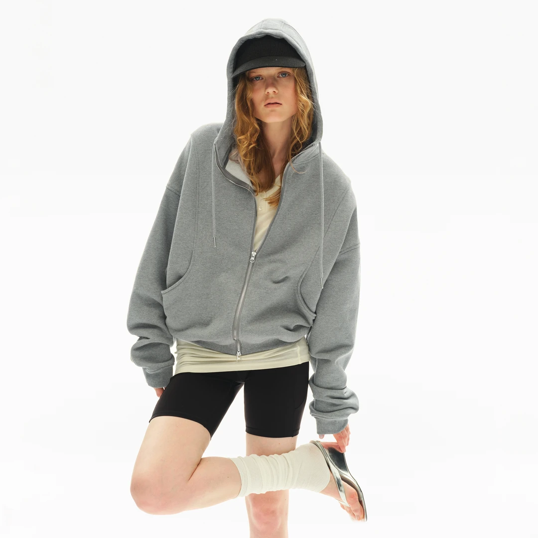 SMIIILE灰色重磅580g廓形宽松全棉拉链连帽卫衣外套女秋冬帽衫