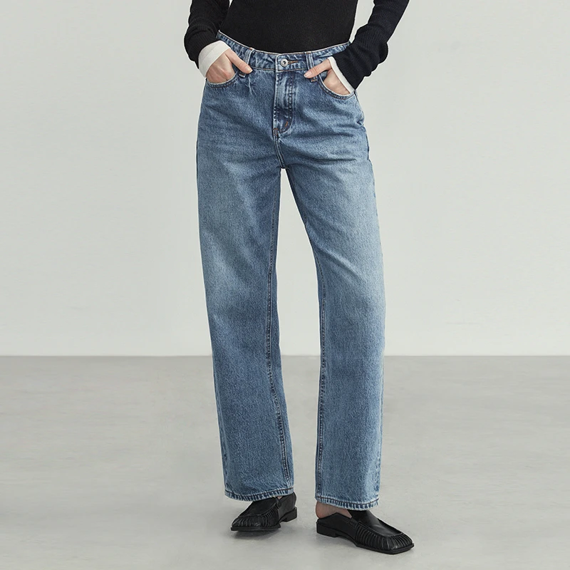 高腰牛仔裤进口洗水经典磨毛边显瘦阔腿裤
