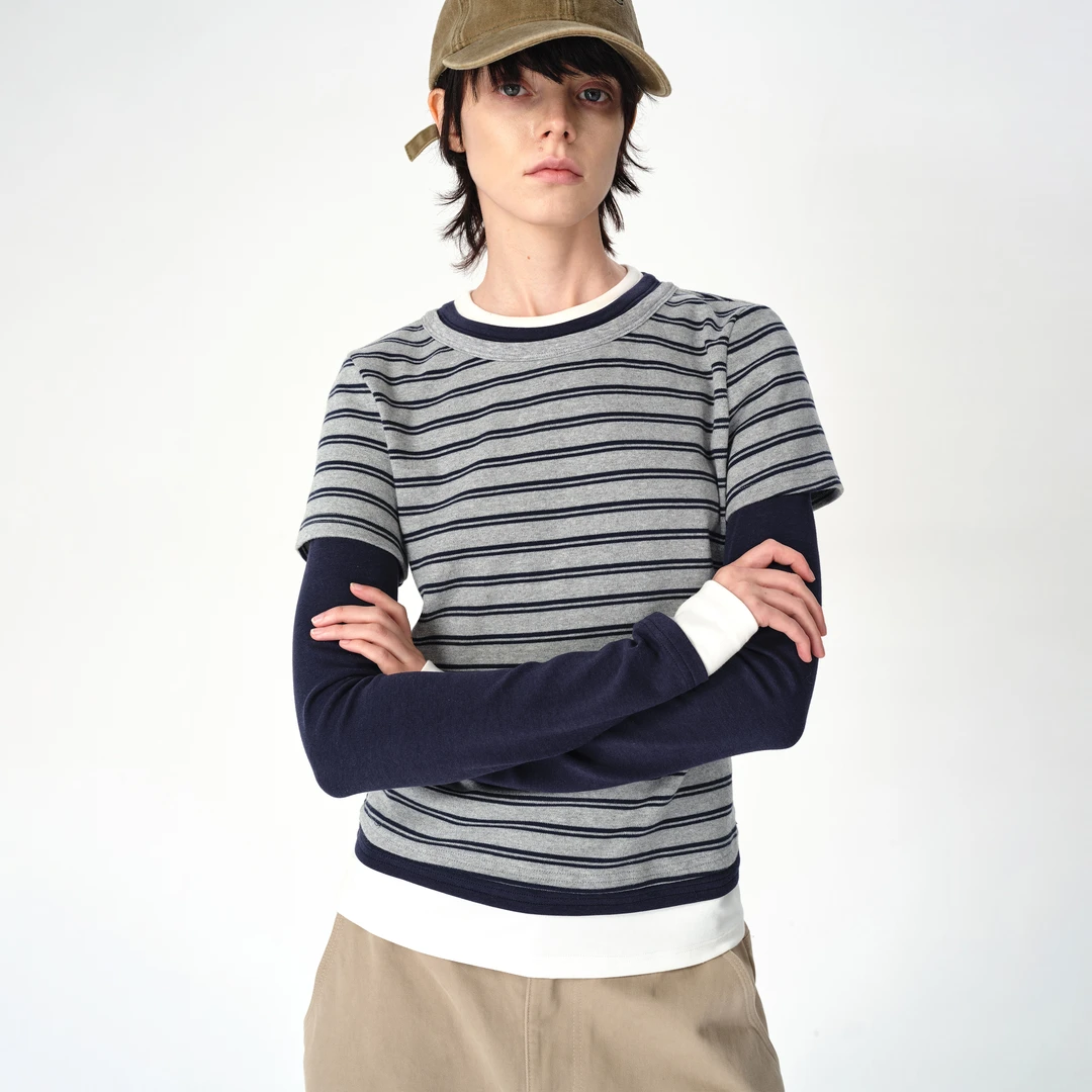 SMIIILE休闲假两件撞色条纹圆领套头修身内搭小众长袖上衣t恤女