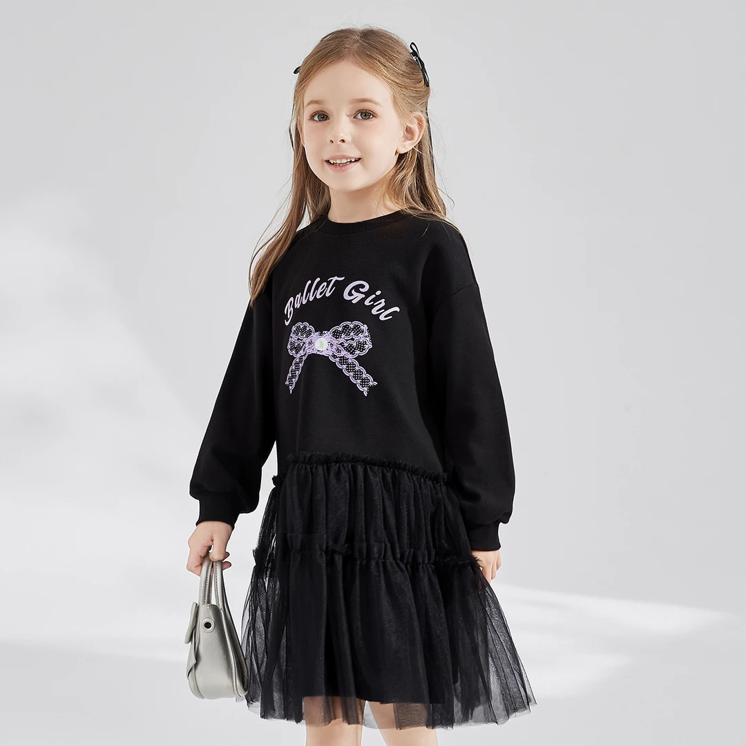 DEESHA/笛莎蕾丝蝴蝶结拼接网纱裙2024新款大图案卫衣裙女童秋季