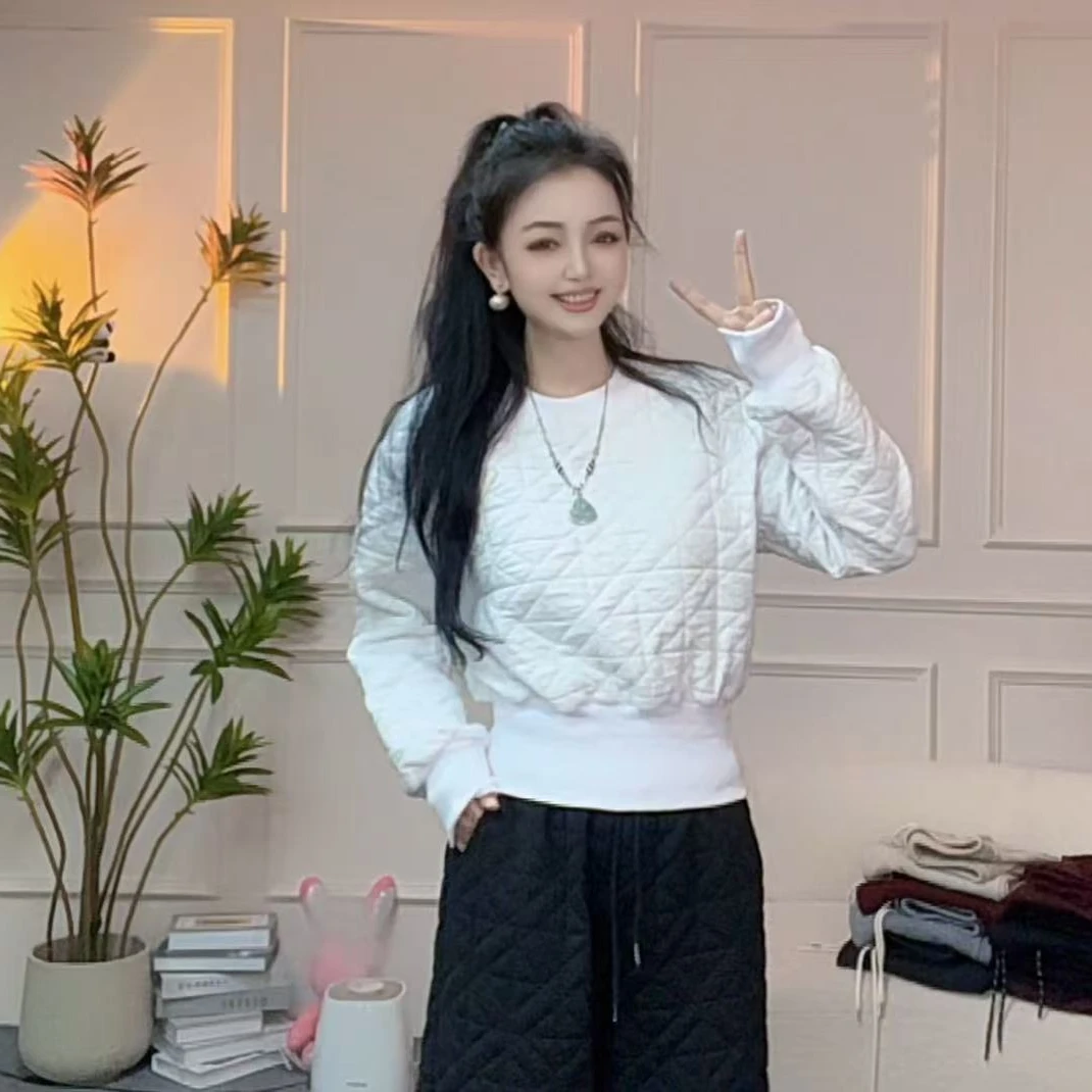 时尚简约不规则压缩格圆领上衣W03