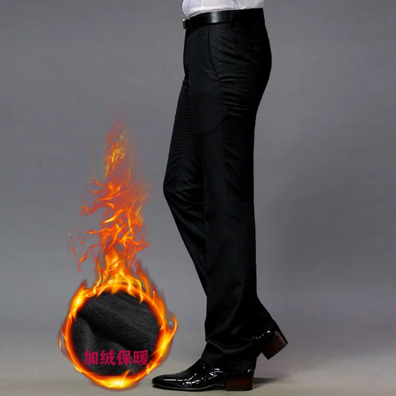 YUEMOYI冬季加绒西裤男士直筒西装休闲裤抗寒保暖黑色加厚长裤子