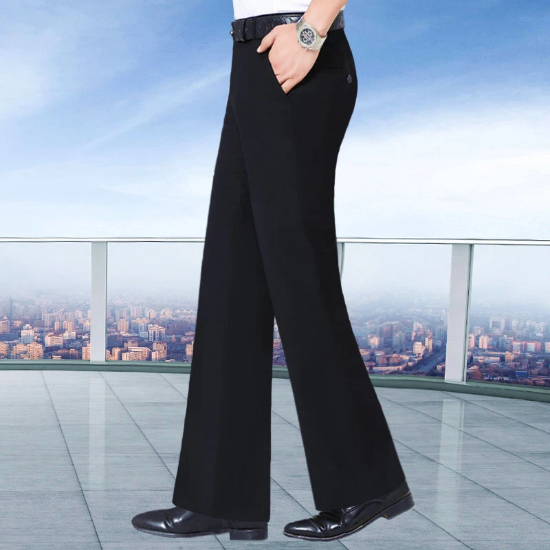 YUEMOYI时尚弹力喇叭裤男士黑色垂感阔腿休闲裤高腰直筒微喇西裤