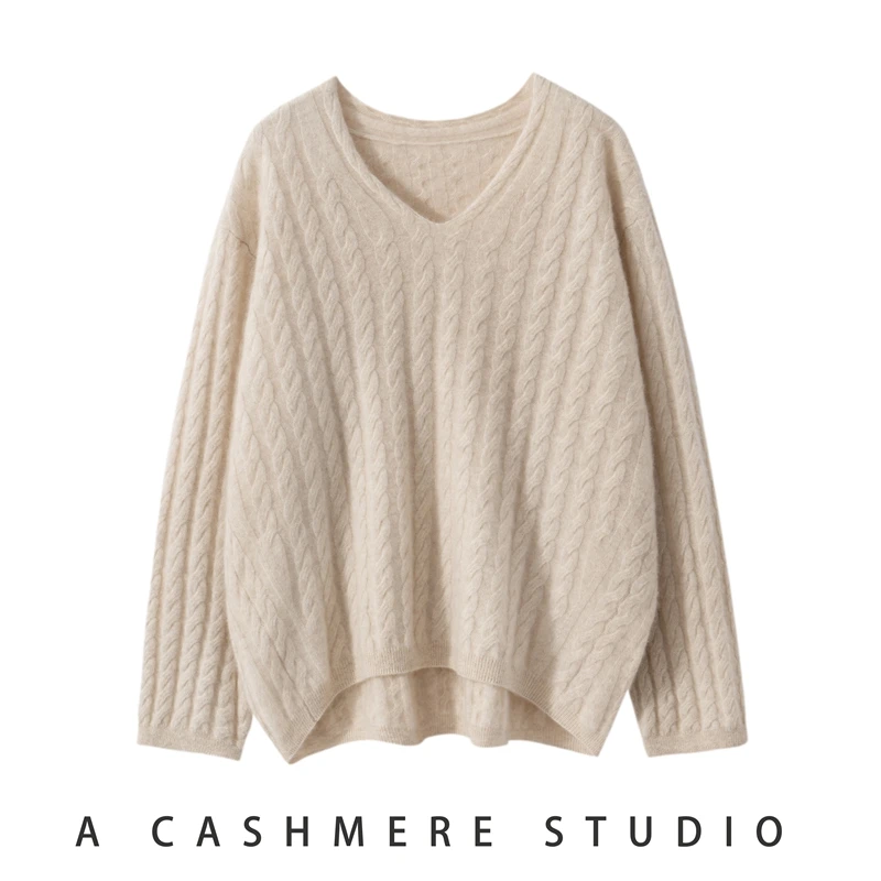 【经典慵懒风~麻花V领】康赛妮100山羊绒休闲羊绒衫宽松外穿针织衫