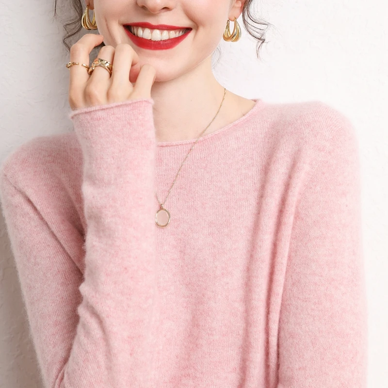 米岚轻奢100纯山羊绒简约毛衣A类纱一线成衣卷边羊绒衫纯色圆领
