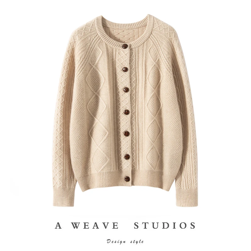 【复古绞花开衫】100%纯山羊绒加厚圆领开衫轻奢针织外套宽松毛衣女