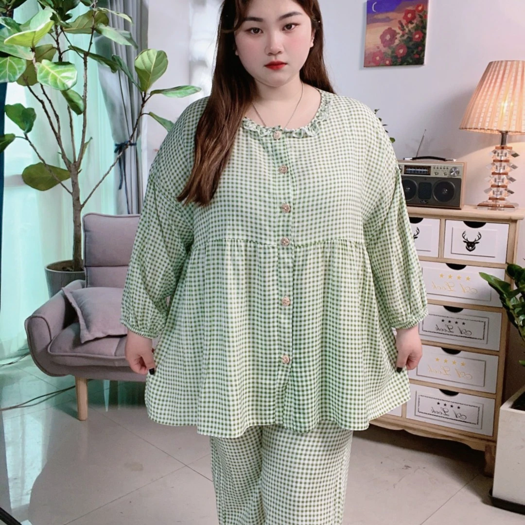 睡衣女夏季绵绸睡衣大码新款开衫圆领长袖长裤休闲家居服套装显瘦