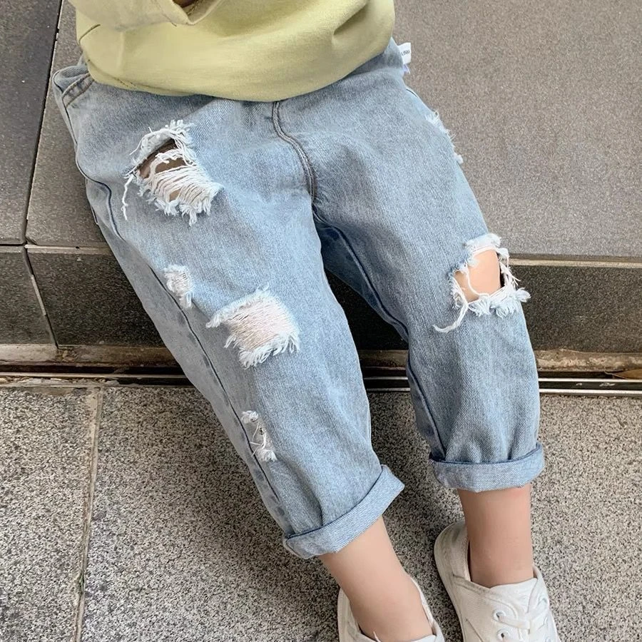 男童破洞牛仔裤薄款春秋季新款儿童小男孩韩版宽松儿童九分长裤子