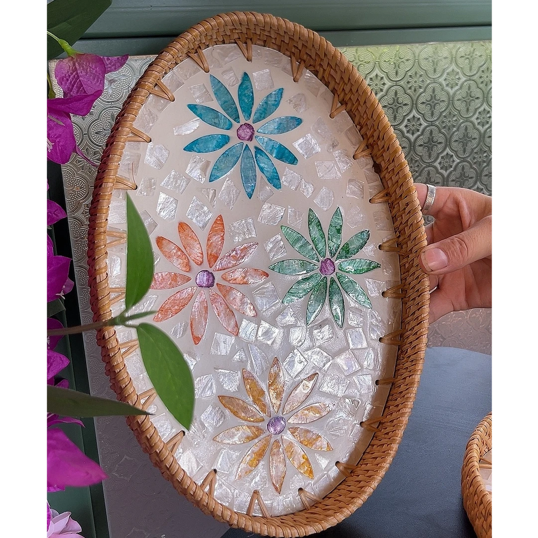 长叶五彩款天然藤编贝壳盘小号