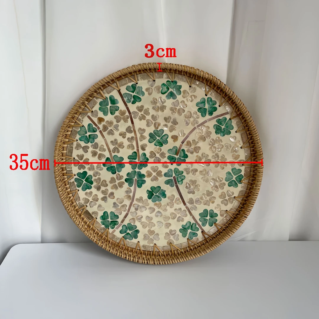 四叶草圆款天然藤编贝壳盘大号35公分