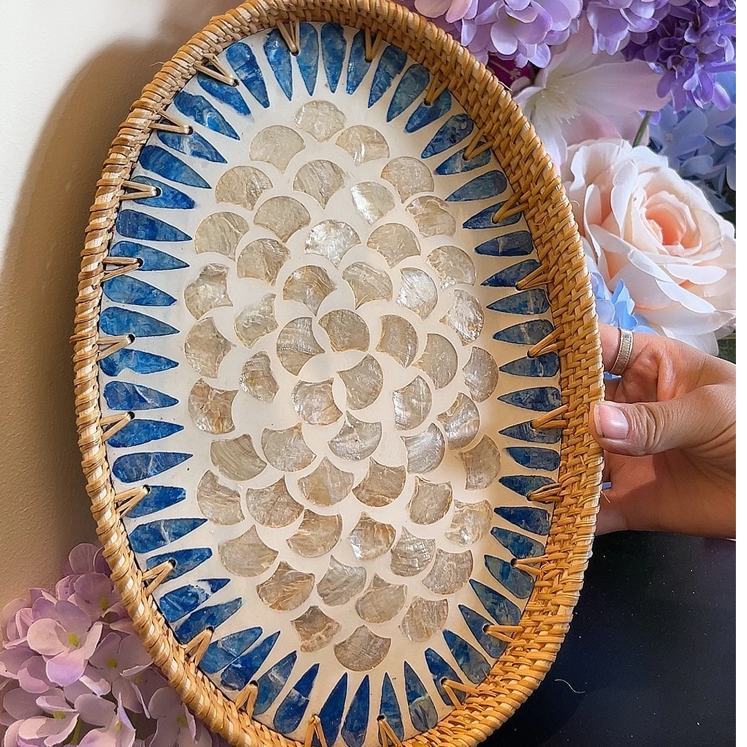 深海银白鱼鳞款椭圆形天然藤编贝壳盘中号