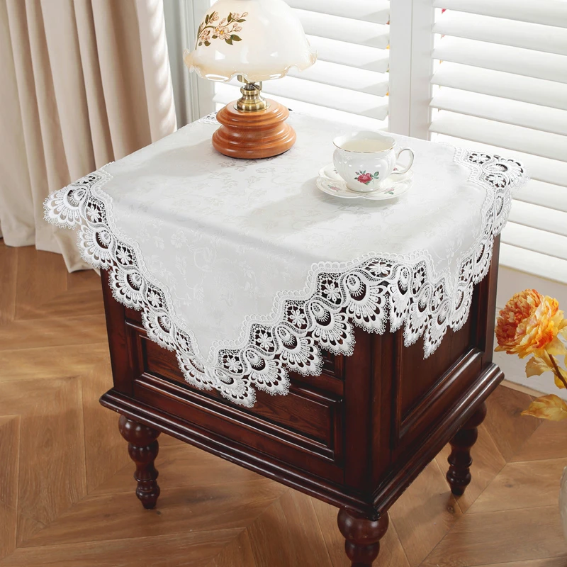 唯米5152欧式田园蕾丝床头柜盖布白色花边装饰正方形轻奢装饰布艺