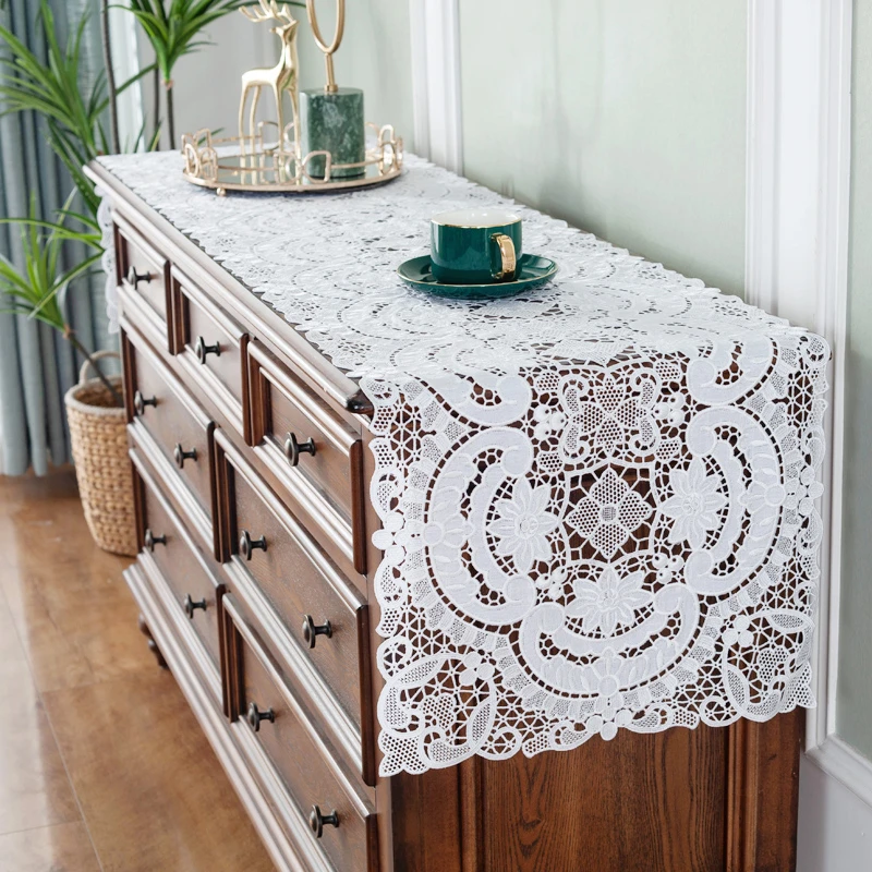 唯米9942复古民族风纯白色蕾丝镂空款式布茶几垫电视柜鞋斗柜桌旗