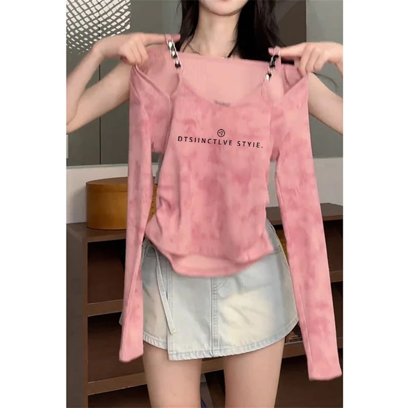 爆款女2024年早秋新款微胖MM设计感显瘦短款长袖V领百搭T恤上衣潮