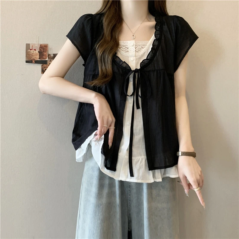 假两件小飞袖雪纺短袖衬衫女夏季木耳边大码微胖mm超好看减龄上衣