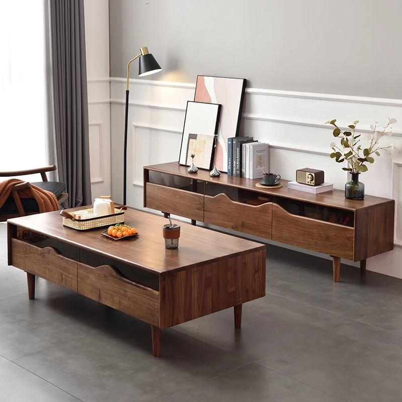 北欧风格实木电视柜客厅茶几组合简约现代小户型复古胡桃色主卧室