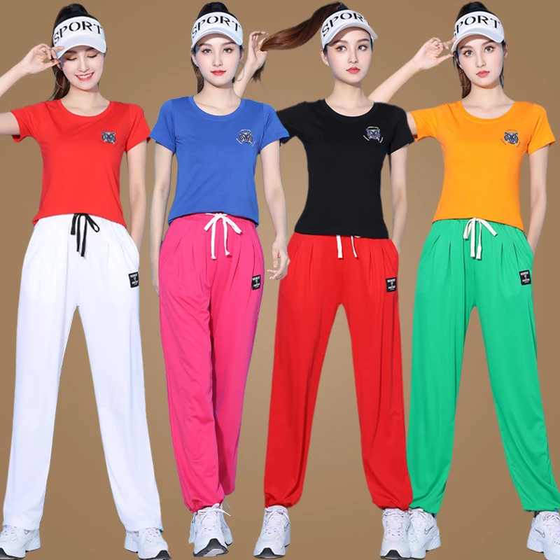 杨丽萍时尚运动舞蹈服广场舞服装套装夏季新款健身灯笼裤跳舞衣女