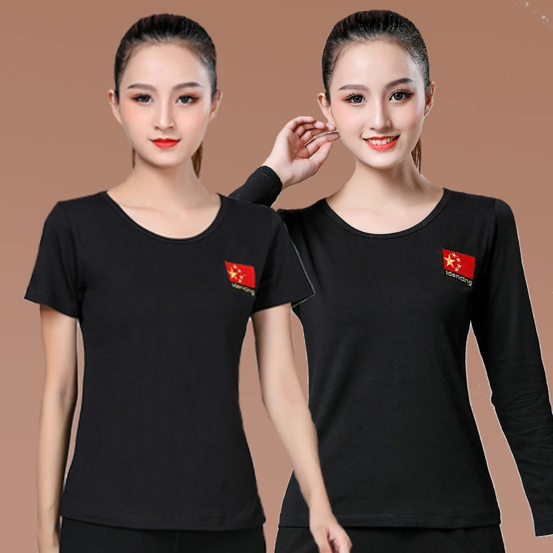 广场舞上衣长袖跳舞衣服女表演服装莫代尔舞服夏秋季舞蹈服黑色