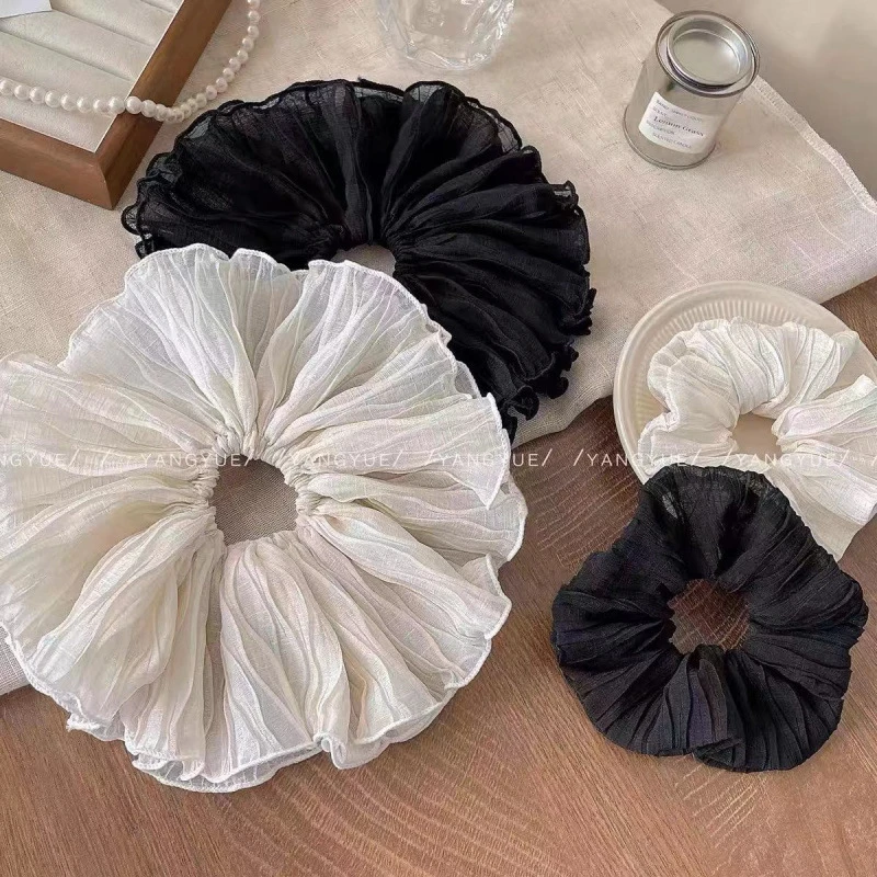 高级感褶皱大肠发圈黑白头绳头花百搭发饰韩国简约高弹力头绳