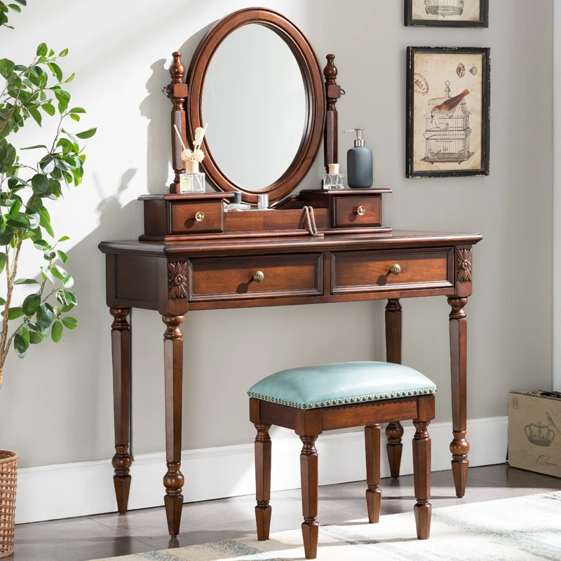 美式实木梳妆台卧室化妆桌复古小户型储物柜简约家用网红梳妆台