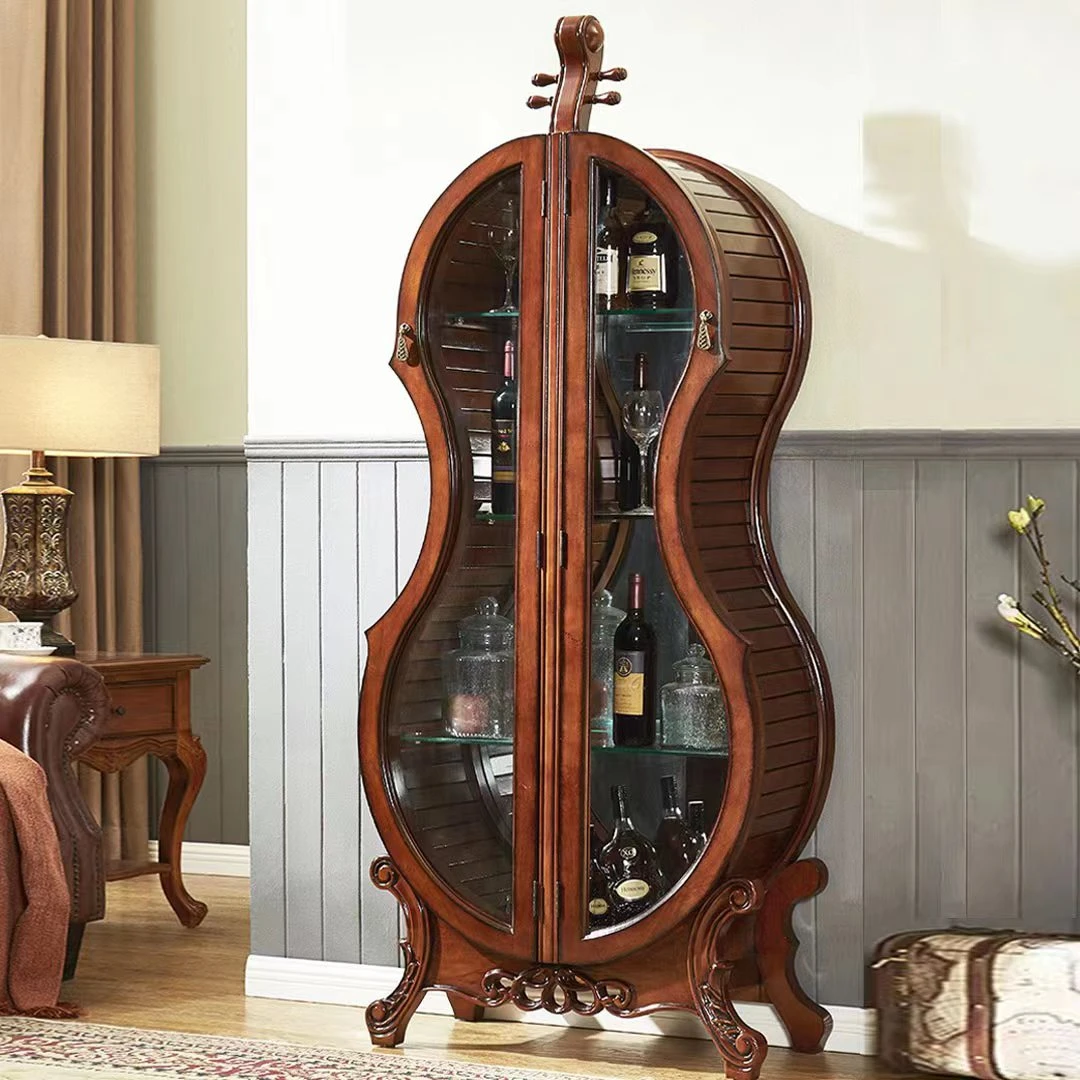 美式实木雕花柜展示柜酒柜双开门高档美式大提琴玻璃轻奢别墅客厅