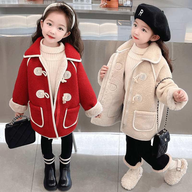女童呢子外套皮毛一体儿童2023秋冬款女宝冬季毛呢大衣中长款上衣