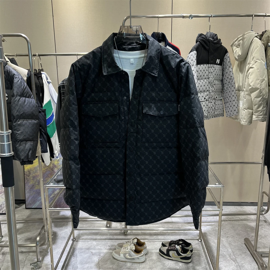 2024冬季新款工装翻领休闲时尚潮流轻薄字母印花男衬衫羽绒服外套