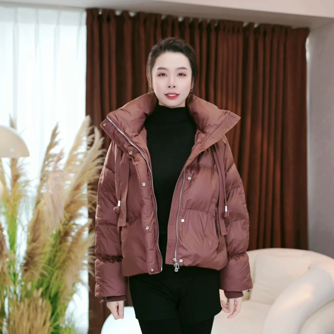 【卡李尼】抽绳短款90羽绒秋冬保暖连帽设计感女士羽绒服-976