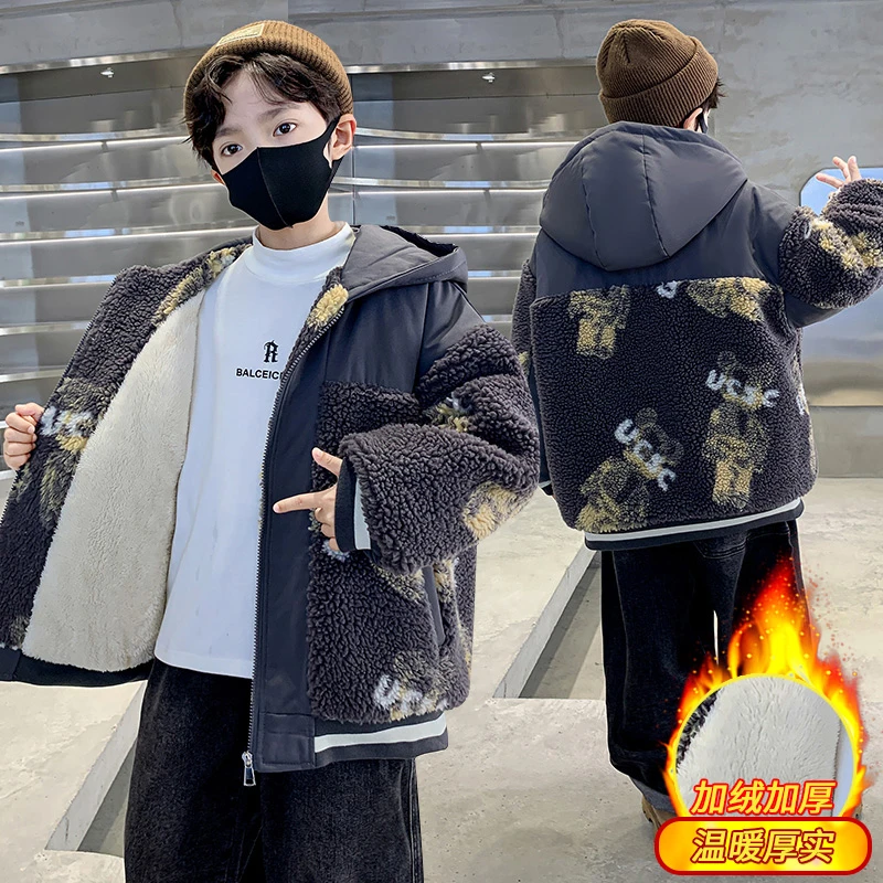 男童外套秋冬装2024新款中大童洋气加绒6-12岁儿童保暖网红毛毛衣