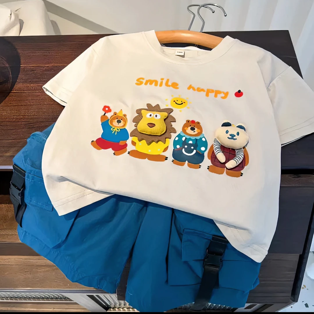 夏季纯棉新款儿童t恤立体玩偶洋气宽松半袖中大童印花百搭卡通T恤