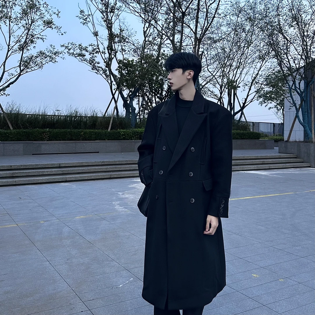 【韩韩】胸前假口袋多排扣设计毛呢男百搭中长款过膝呢子外套男士