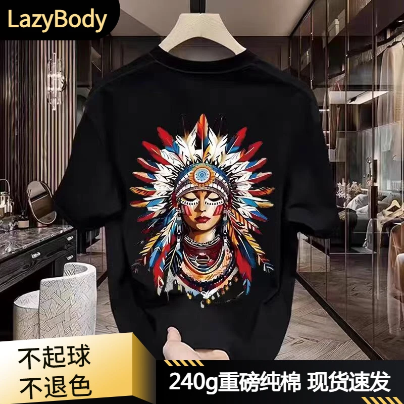【LazyBody】250g重磅纯棉潮牌短袖T恤男2024夏季新款印第安人印花t