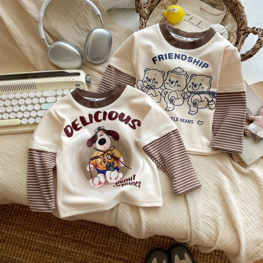 新款儿童假两件秋冬打底衫男女宝卡通数码印长袖拼色内搭保暖上衣