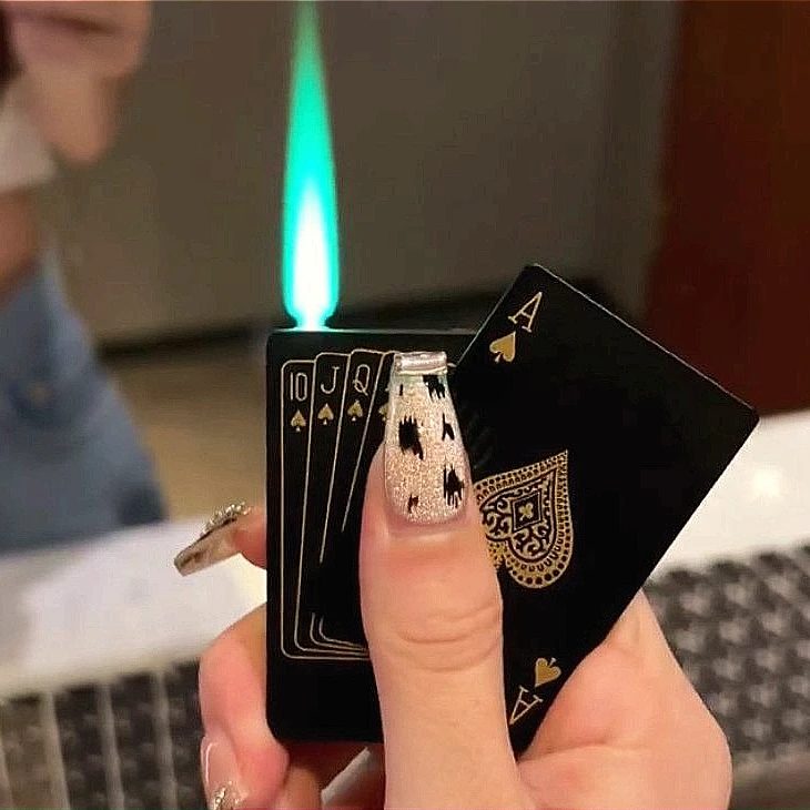 网红同款扑克牌个性打火机黑桃A防风绿焰花式创意防风爱心打火机