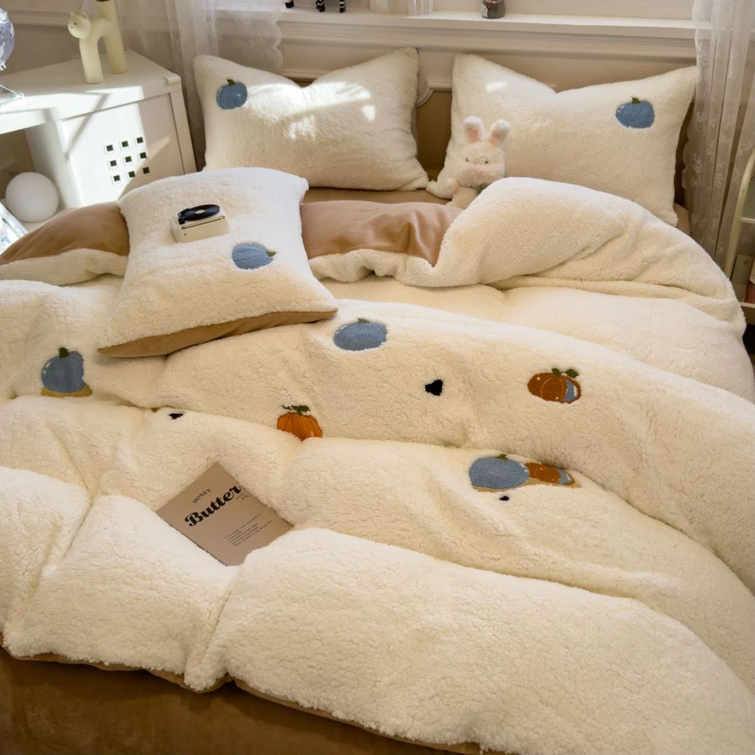 冬天加厚立体绣羊羔毛绒被套三件套双面加绒被罩床单四件套