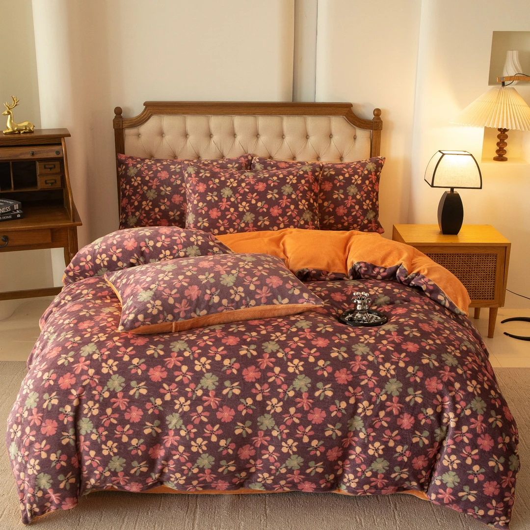 花卉床上被套2024新款水晶绒刺绣套件单人床单被罩被套