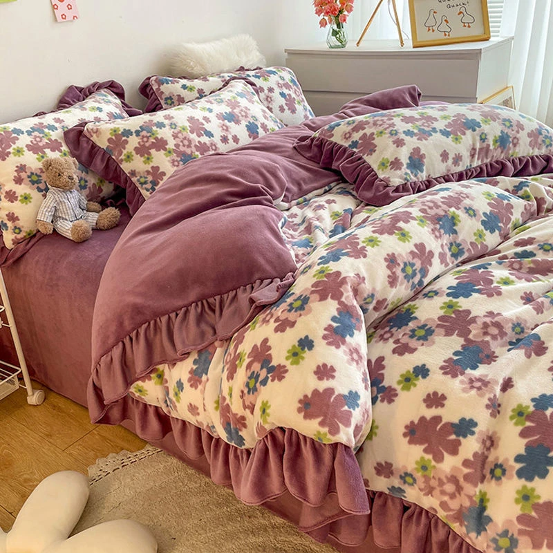 双面绒牛奶绒床上四件套床笠公主风冬季加厚被套珊瑚绒床单三件套