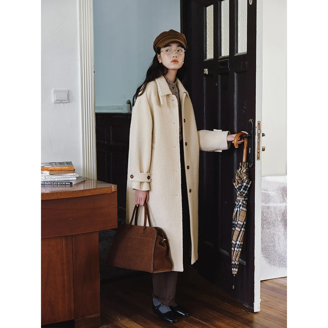 GUOE《星夜梦境》简约立翻两领毛呢外套落肩宽松长款大衣女31125