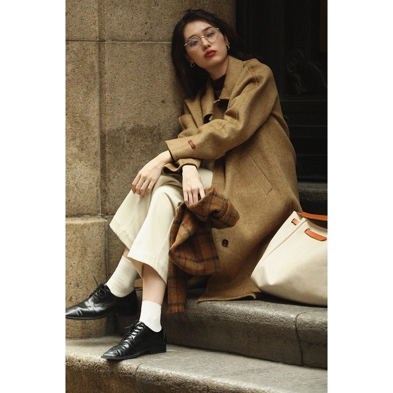 GUOE《榛子落日》精梳全羊毛 秋冬复古双面呢手工大衣外套女31034