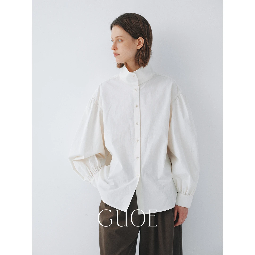 GUOE 重磅细织新疆棉 时髦舒适垂感宽松休闲立领泡泡袖衬衫34172
